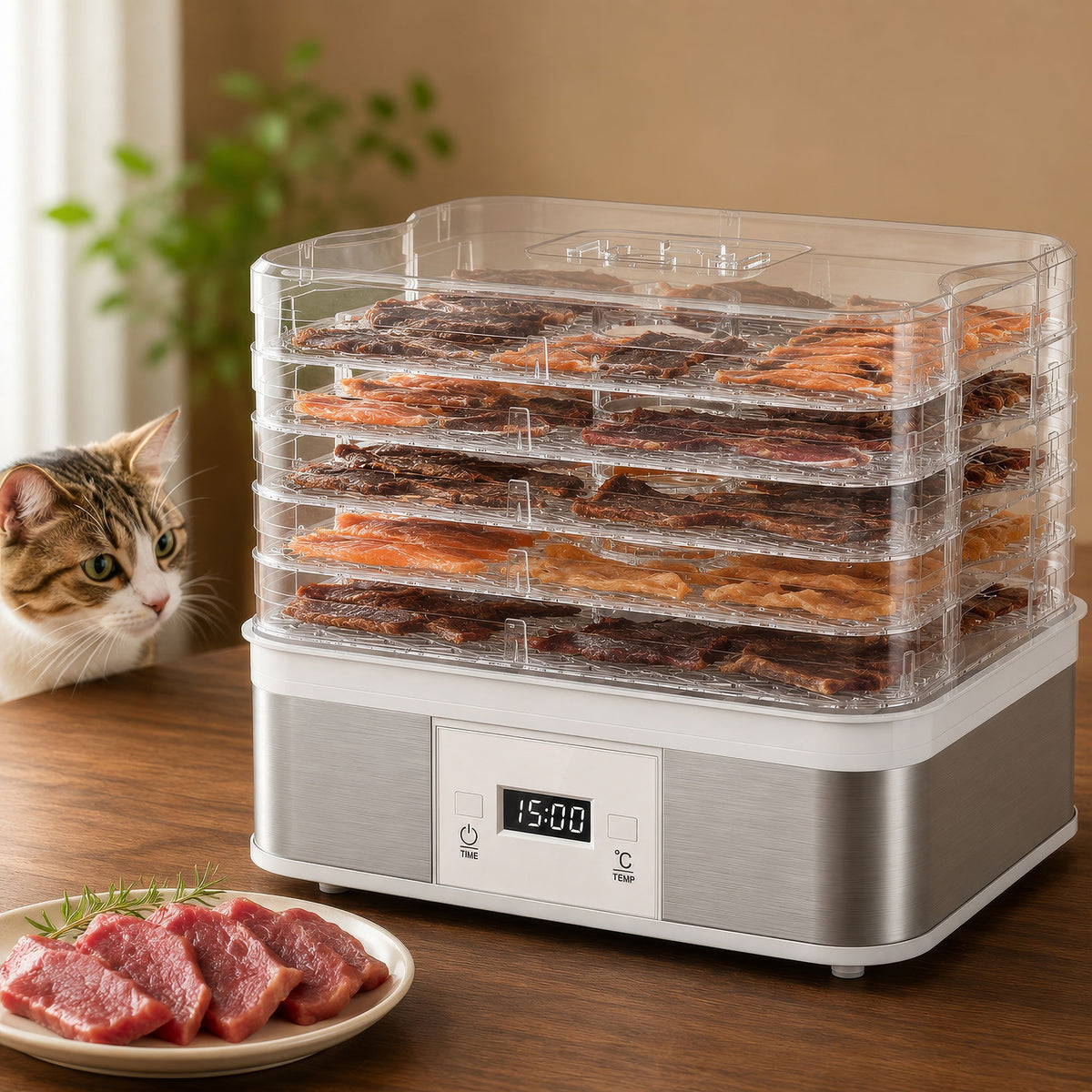 HOMCOM dehydrator drying meat on five clear trays