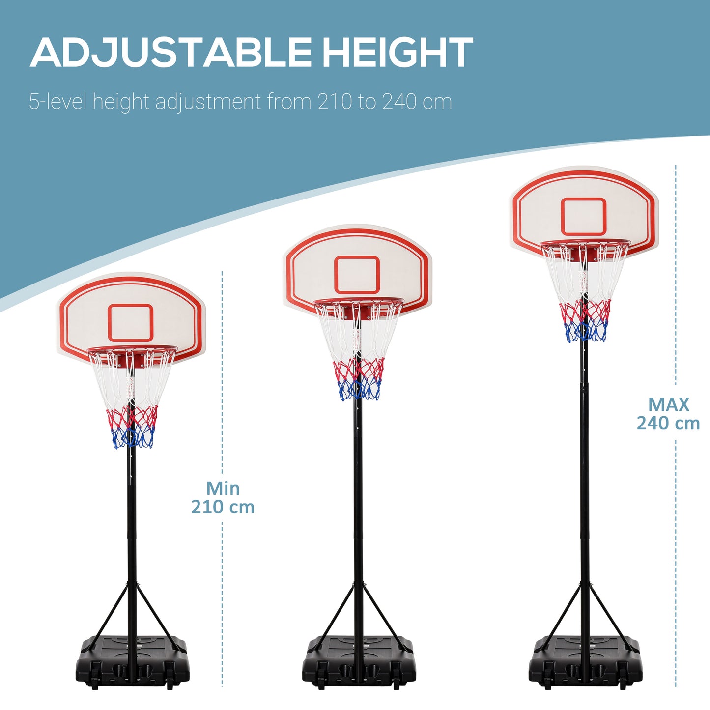 HOMCOM Portable Basketball Stand 170-197cm Adjustable Height Sturdy Rim Hoop w/ Large Wheels Stable Base Net Free Standing