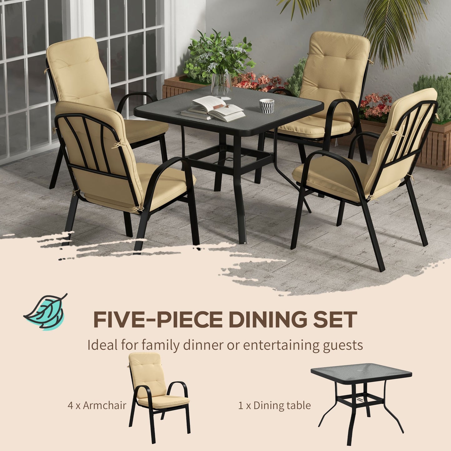 Outsunny 5 Pieces Outdoor Square Garden Dining Set for Small Garden with Tempered Glass Dining Table 4 Cushioned Armchairs, Umbrella Hole, Beige