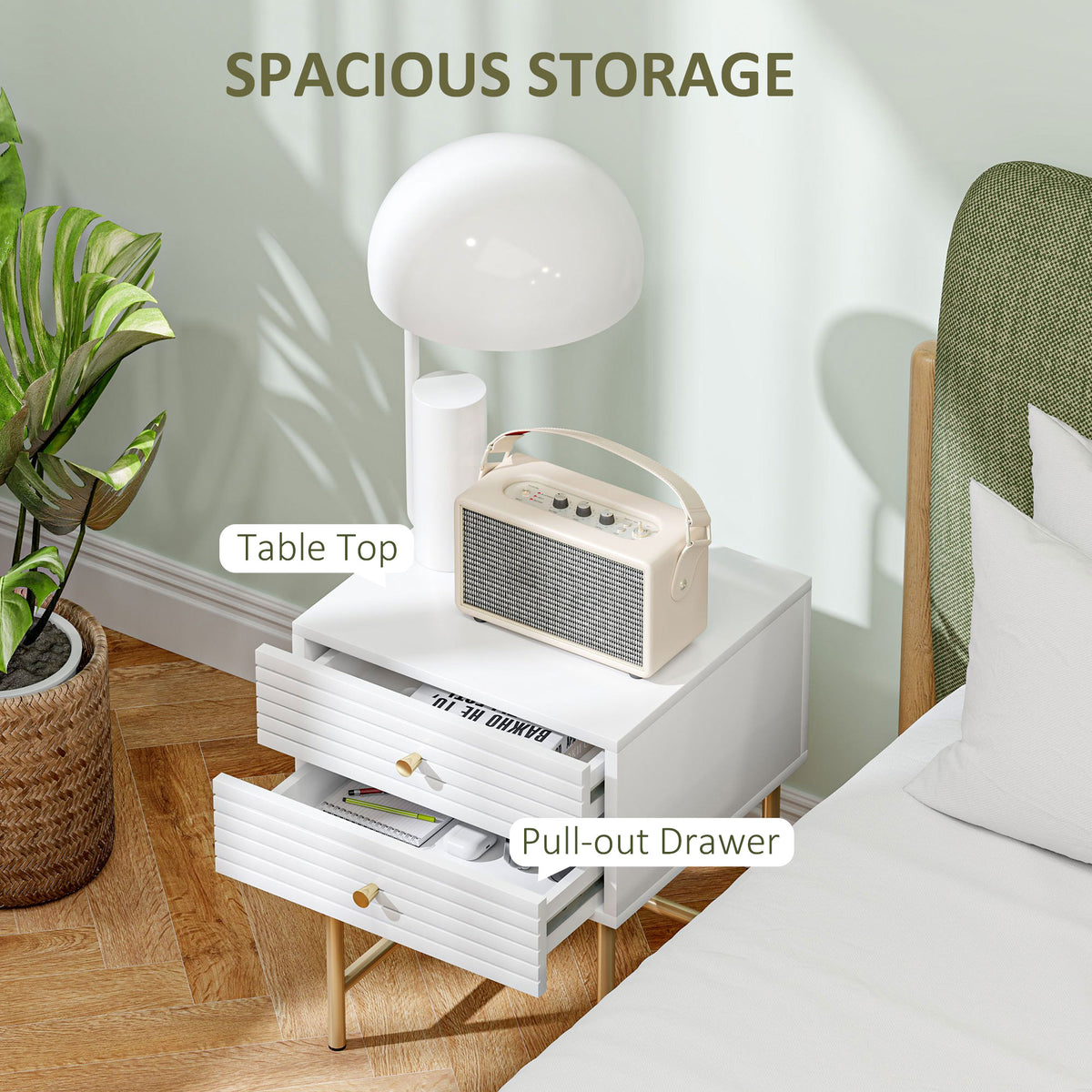 White bedside table with two pull-out drawers, gold-tone knobs and metal legs