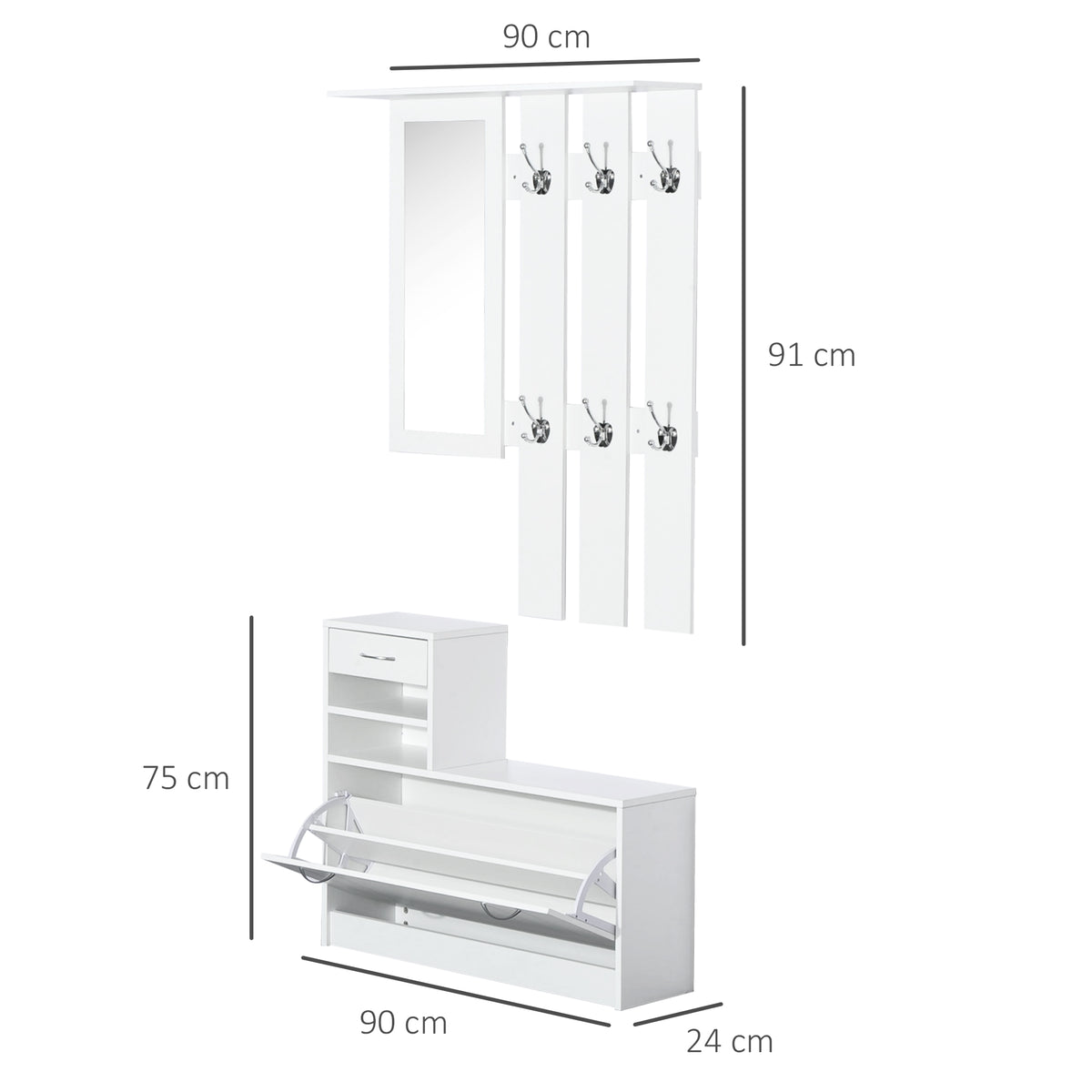 White shoe storage cabinet and wall-mounted coat rack with mirror and six hooks