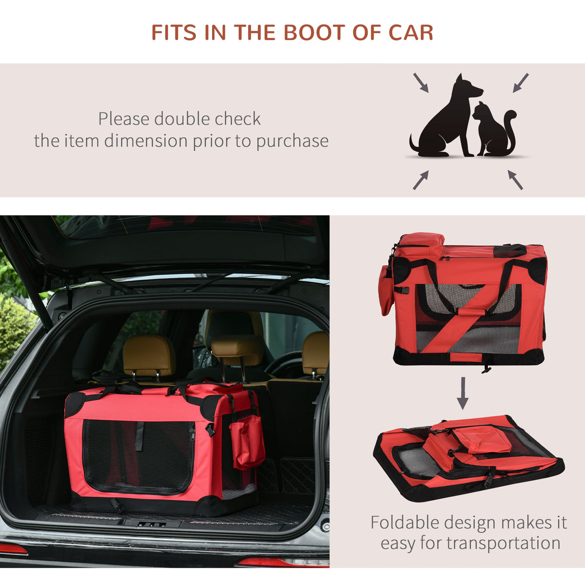 PawHut Foldable Cat Carrier for Small and Miniature Dogs, Portable Pet Carrier Soft Side Pet Travel Crate with Removable Mat, Storage Bags, Breathable Mesh Window 60 x 42 x 42cm - Red