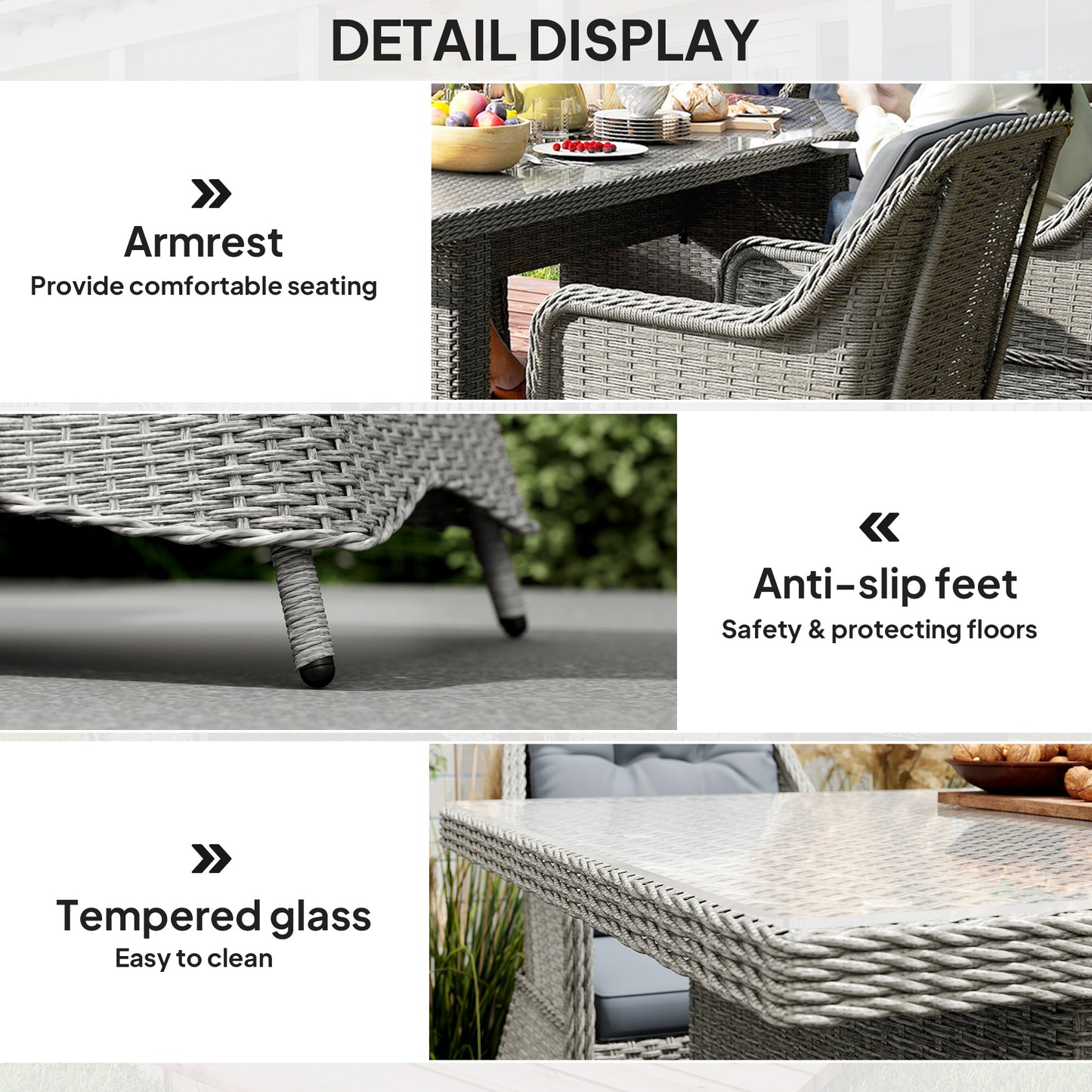 Outsunny 6 Seater Rattan Garden Dining Set with Cushions, Aluminium Outdoor Patio Furniture Set for Garden Gatherings & Outdoor Dining, Mixed Grey
