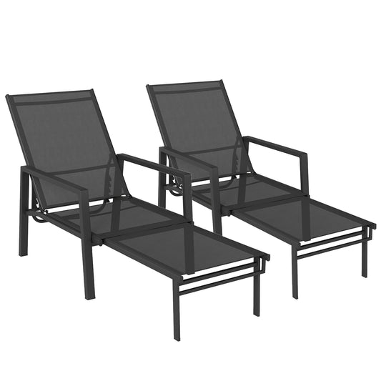 Photo of Outsunny Sun Loungers Set of 2 Retractable Footrest 5-Position Adjustable Steel Frame for Beach, Porch, Patio, Camping, Black in Black colour on a white background