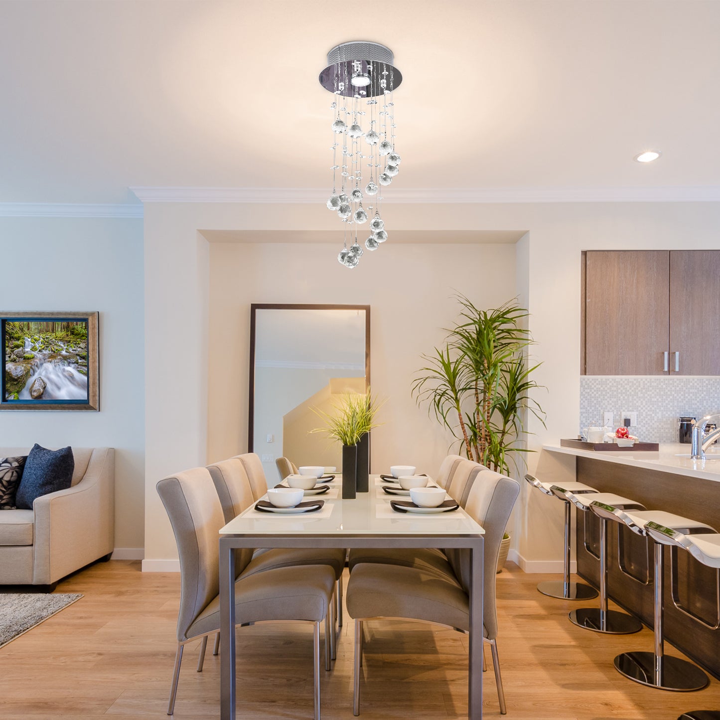 HOMCOM Metal Crystal Ceiling Light Chandelier Elegant Pendant Lamp Living Room Stairway Spiral Rain Drop Pendant Lamp Silver