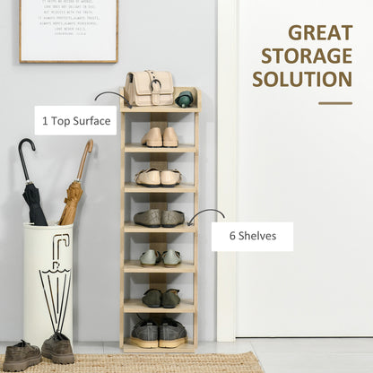 Oak shoe rack with six storage shelves and a top display surface