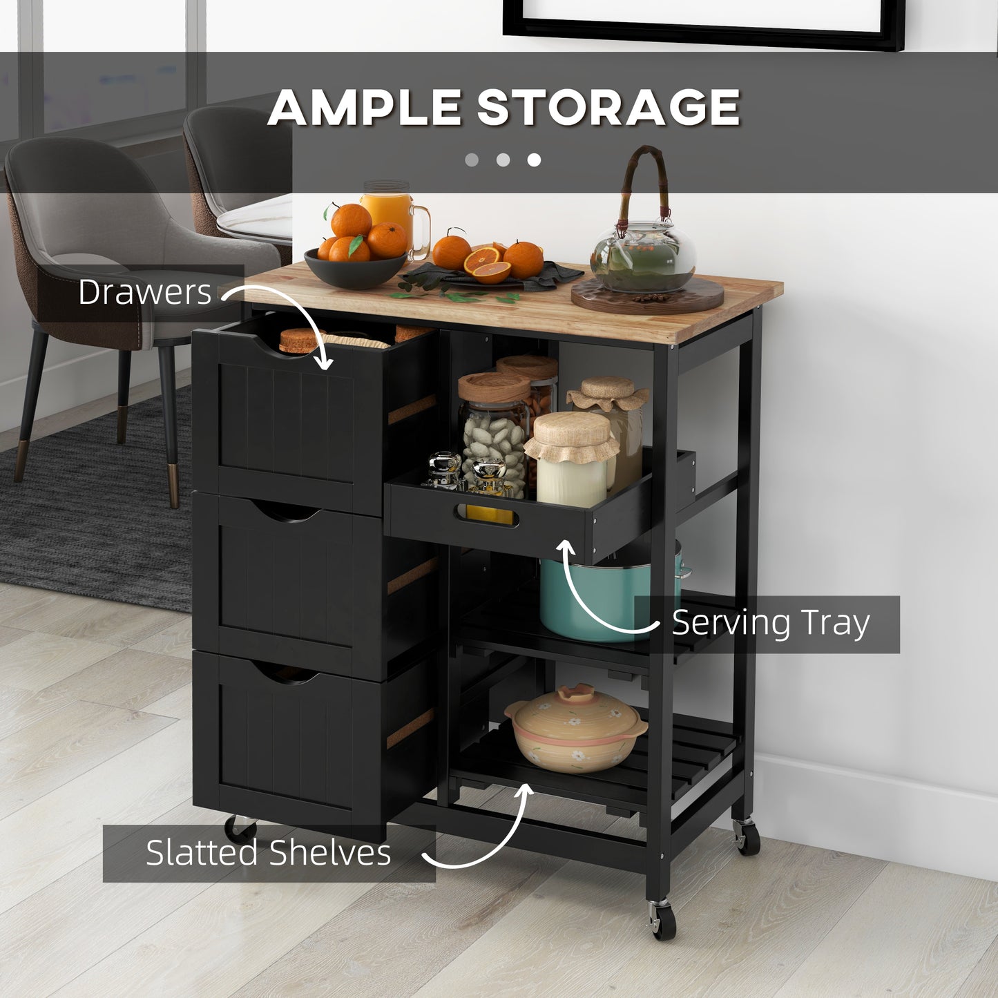 HOMCOM Rolling Kitchen Island Cart, Bar Serving Cart, Compact Trolley on Wheels with Wood Top, Shelves & Drawers for Home Dining Area, Black