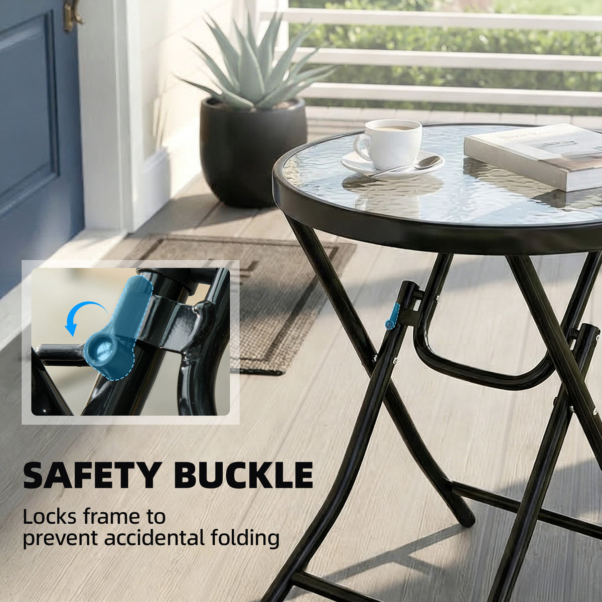 Outsunny Foldable Garden Side Table, Round Folding Table with Glass Tabletop and Safety Buckle for Patio, Garden, Outdoor, Indoor, Black