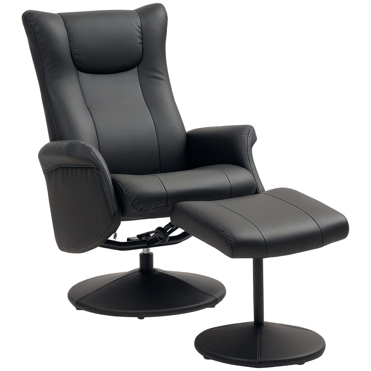 Photo of HOMCOM Swivel Recliner Chair with Footstool, PU Leather Recliner Armchair with Adjustable Back and Steel Frame, Reclining Chair Lounge with Flared Armrests for Living Room, Black in Black colour on a white background