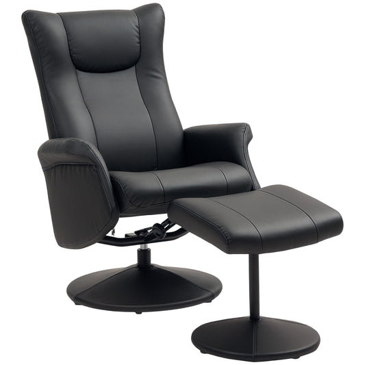 Photo of HOMCOM Swivel Recliner Chair with Footstool, PU Leather Recliner Armchair with Adjustable Back and Steel Frame, Reclining Chair Lounge with Flared Armrests for Living Room, Black in Black colour on a white background