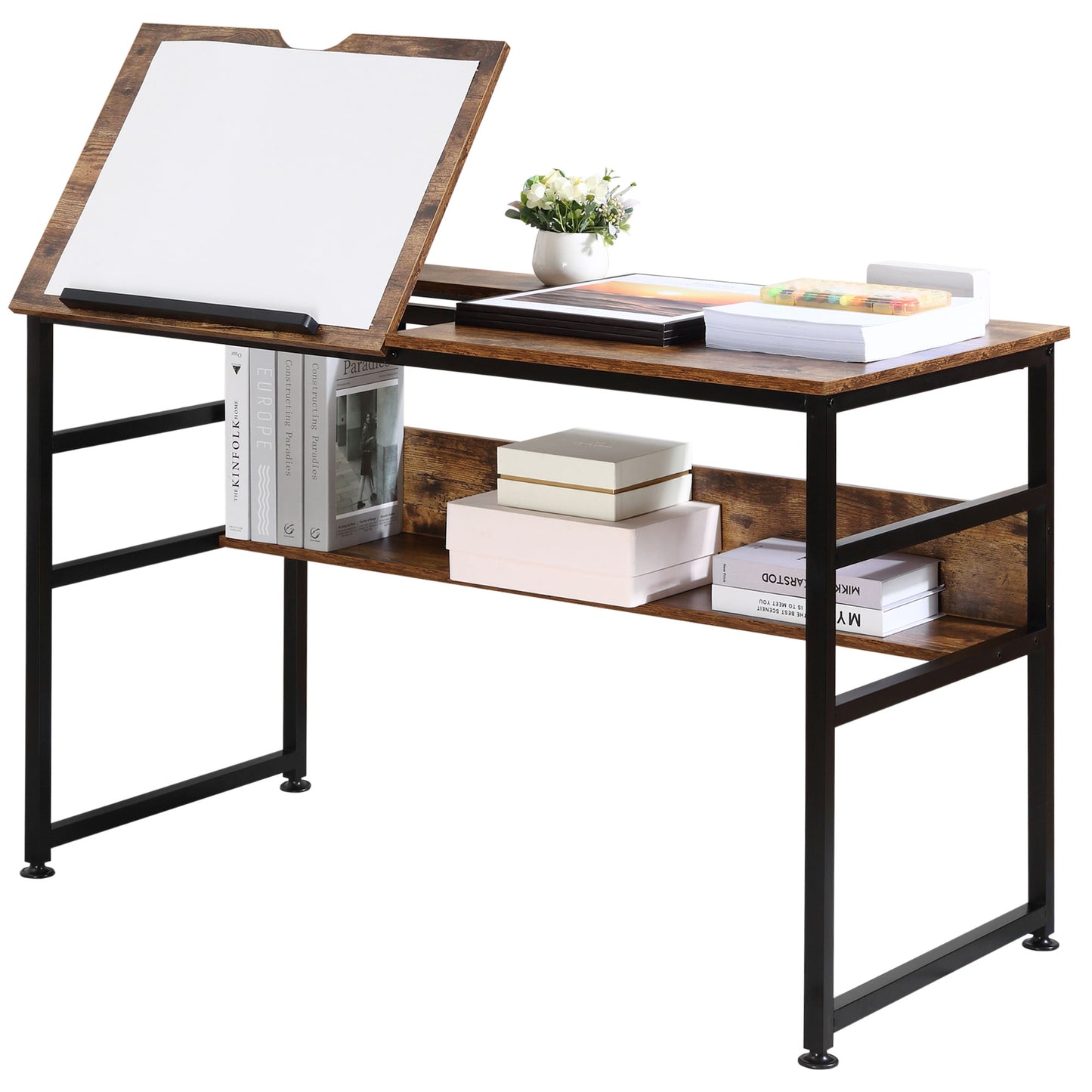 Photo of HOMCOM Adjustable Drafting Table Art Desk Drawing Table, Craft Desk Workstation for Painting, Multifunctional Writing Desk w/ 15-Level Tiltable Tabletop and Storage Shelf, Home Office, Rustic Brown in Brown colour on a white background