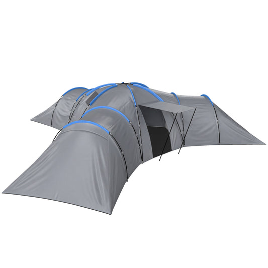 Photo of Outsunny 6-9 Man Large Tunnel Tent with 3 Bedrooms, Living Area and Porch, Light Grey in Grey colour on a white background