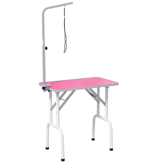 Photo of PawHut 32" Foldable Dog Grooming Table Pet Drying Beauty Table Adjustable Fixed Arm Rubber Top, Pink in Pink colour on a white background