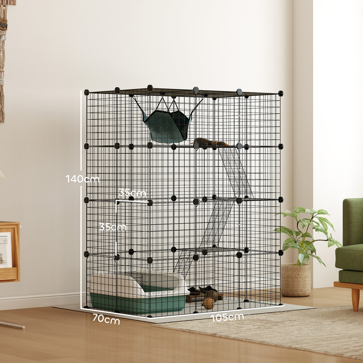 PawHut cat cage with hammock and ramps, measuring 140 by 105 by 70 cm