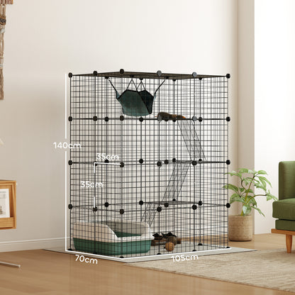 PawHut cat cage with hammock and ramps, measuring 140 by 105 by 70 cm