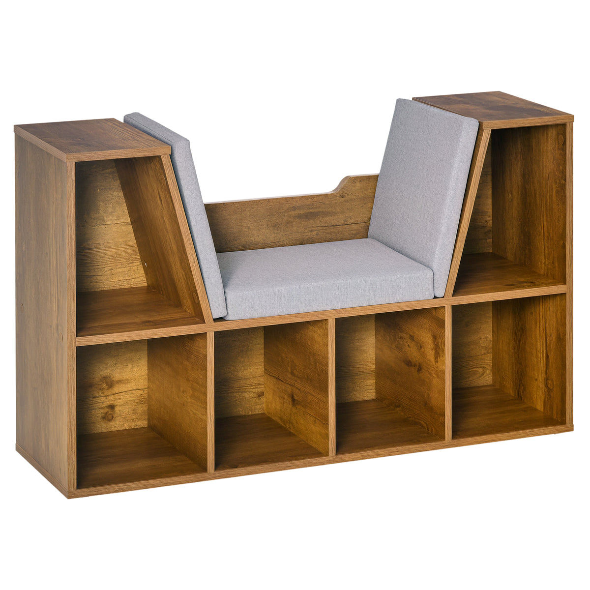 Rustic brown cube bookcase with a gray cushioned reading seat