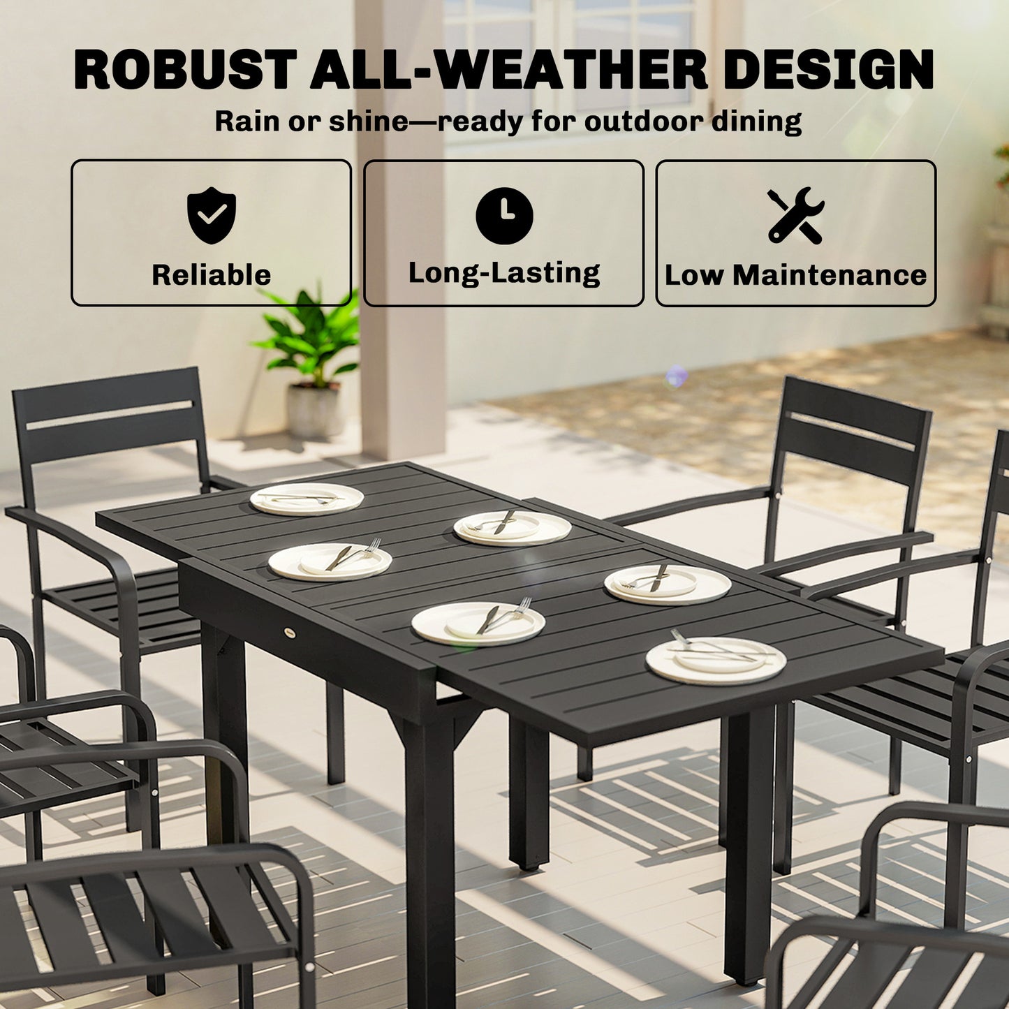 Outsunny Expandable Patio Dining Table for 4-6 People, 80-160 cm Aluminium Extendable Outdoor Patio Table with Slatted Top, Black