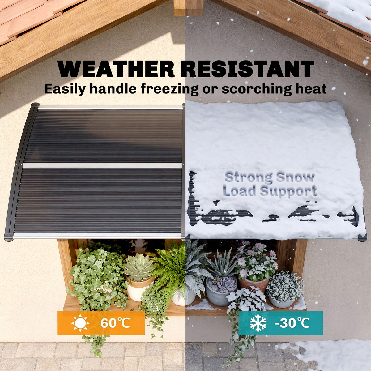 Outsunny black door canopy shown supporting snow and resisting extreme temperatures