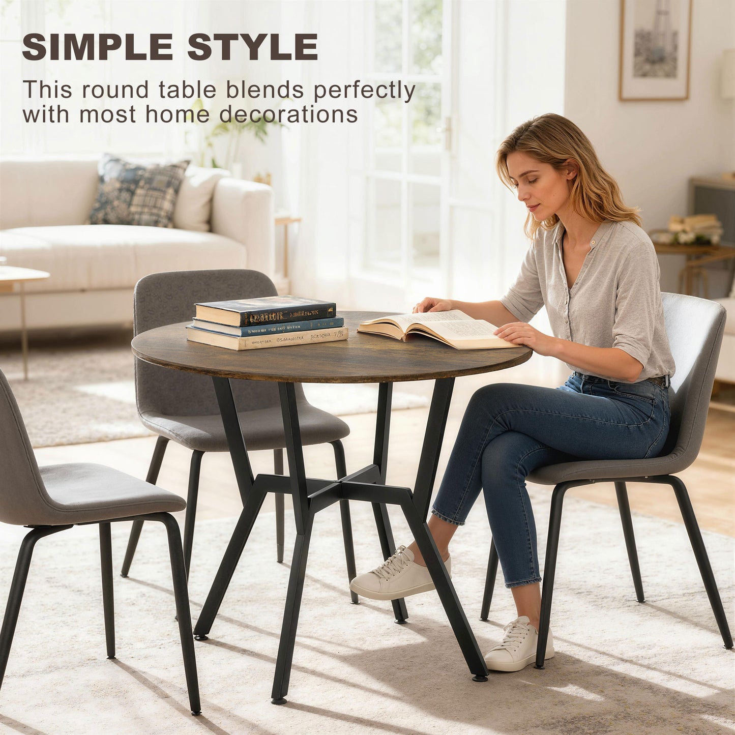 HOMCOM Dining Table, Round Kitchen Table with Black Legs, Anti-slip Foot Pads for Living Room, Dining Room 90 x 76 cm, Rustic Brown