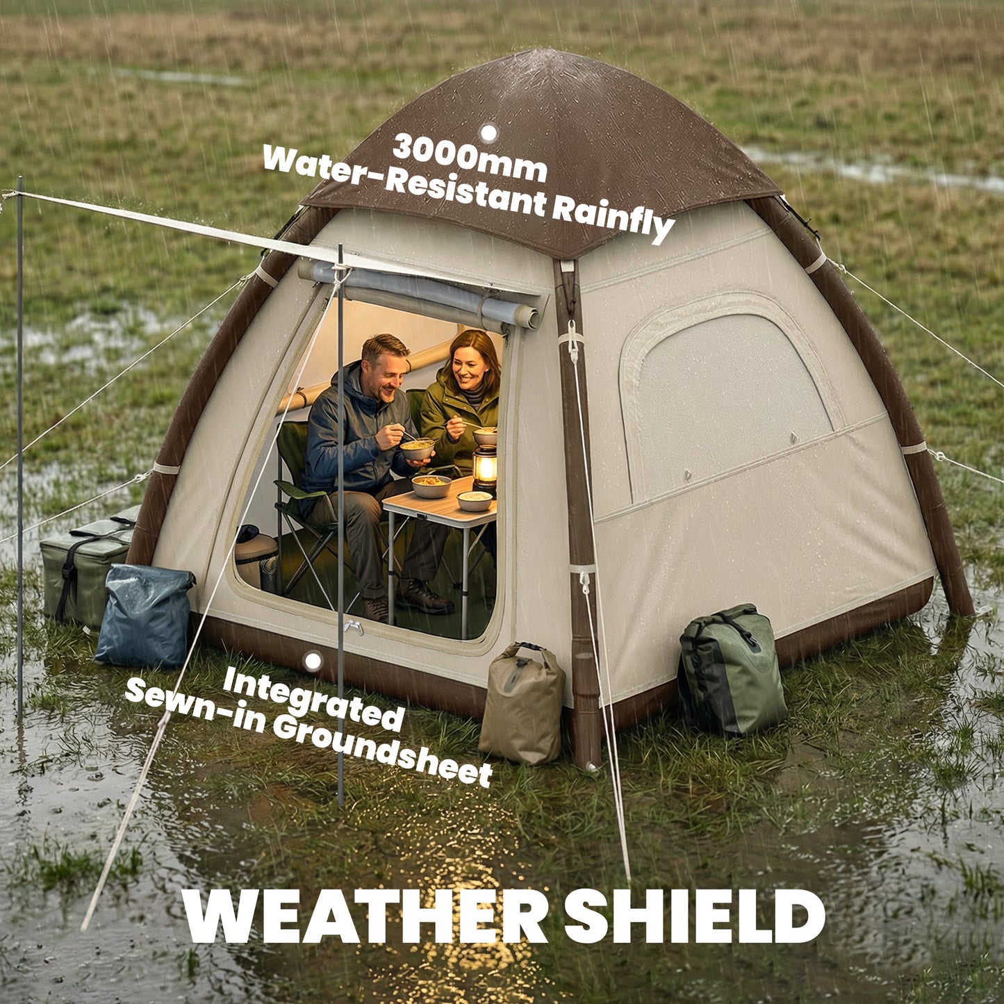 Outsunny Inflatable Camping Tent with Rainfly, 3 Man Air Tent 3000mm Waterproof Blow Up Tents, Cream