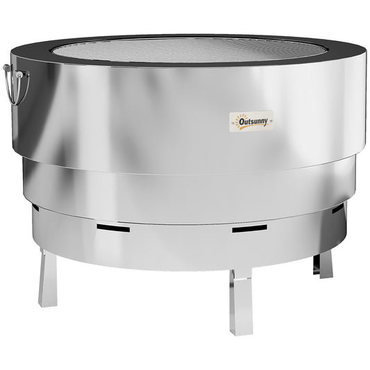 Photo of Outsunny Stainless Steel Wood-burning Fire Pit with Fire Poker - Silver in Silver colour on a white background