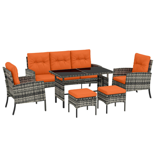 Photo of Outsunny 6 Pieces Rattan Garden Furniture Set with Dining Table and Cushions, Orange in Orange colour on a white background
