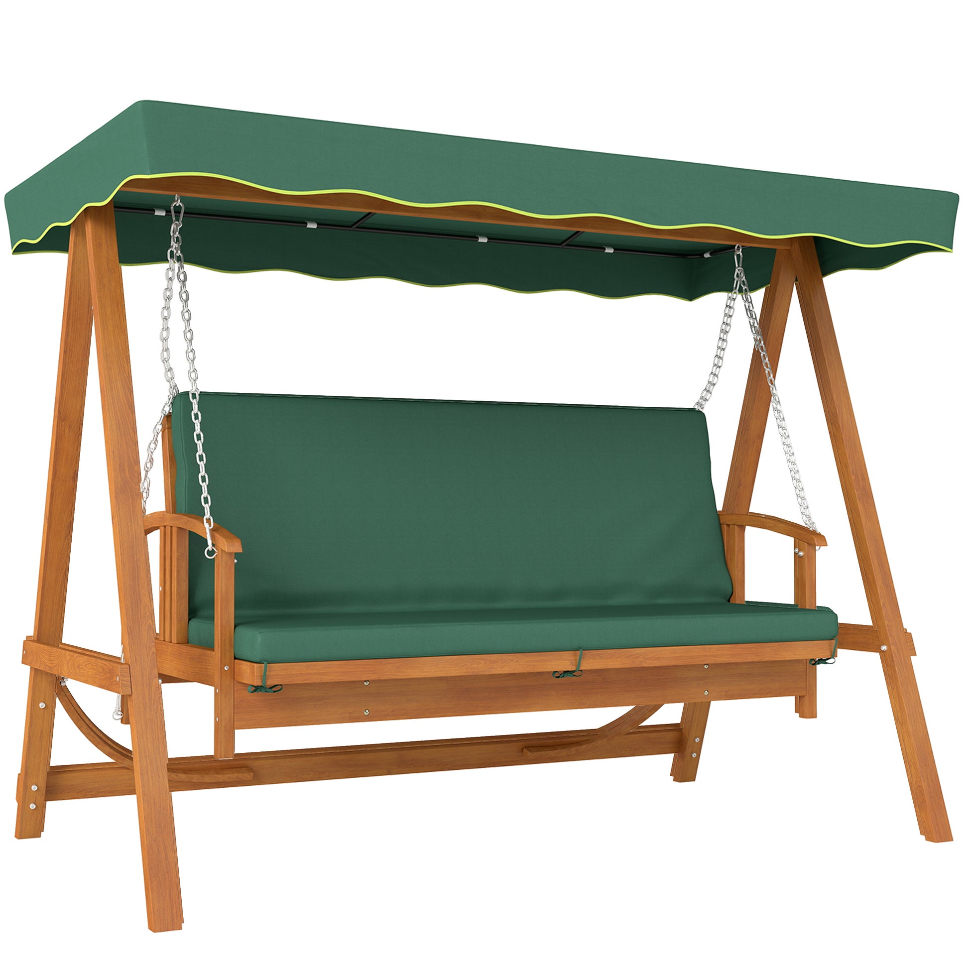 Photo of Outsunny 3 Seater 2-in-1 Wooden Garden Swing Seat Swing Chair Outdoor Convertible Hammock Bench Furniture Lounger Bed Wood, Dark Green in Green colour on a white background