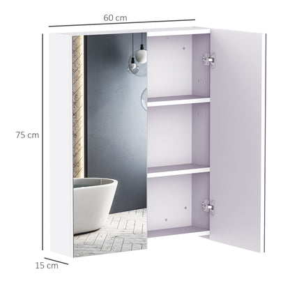 Open white bathroom mirror cabinet with three shelves, 60 cm wide, 75 cm tall and 15 cm deep.
