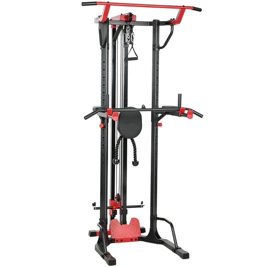 Photo of SPORTNOW Power Tower with Lat Pull Down Machine, Pull Up Bar, Dip Station, Adjustable Height Power Pack for Home Gym in Gym colour on a white background