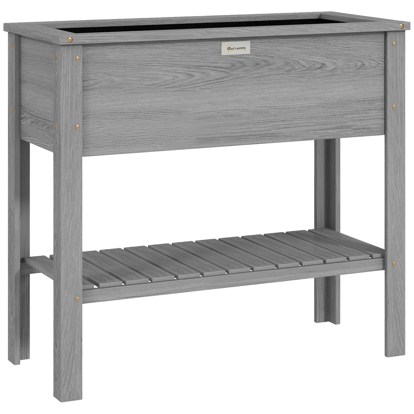 Photo of Outsunny Wooden Raised Garden Bed, Elevated Planter Box with Storage Shelf and Drainage Holes, Raised Planter with Legs, Grey in Grey colour on a white background