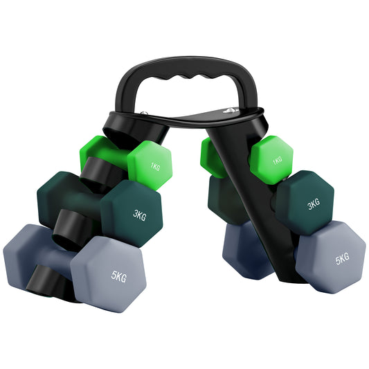 Photo of SPORTNOW Dumbbells Set with Storage Rack, 2 x 1kg, 2 x 3kg, 2 x 5kg, Green in Green colour on a white background