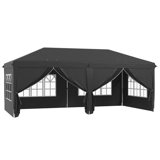 Photo of Outsunny 3 x 6 m Pop Up Gazebo with Sides and Windows, Height Adjustable Wedding Camping Party Tent Canopy Marquee with Storage Bag for Garden, Event, Black in Black colour on a white background