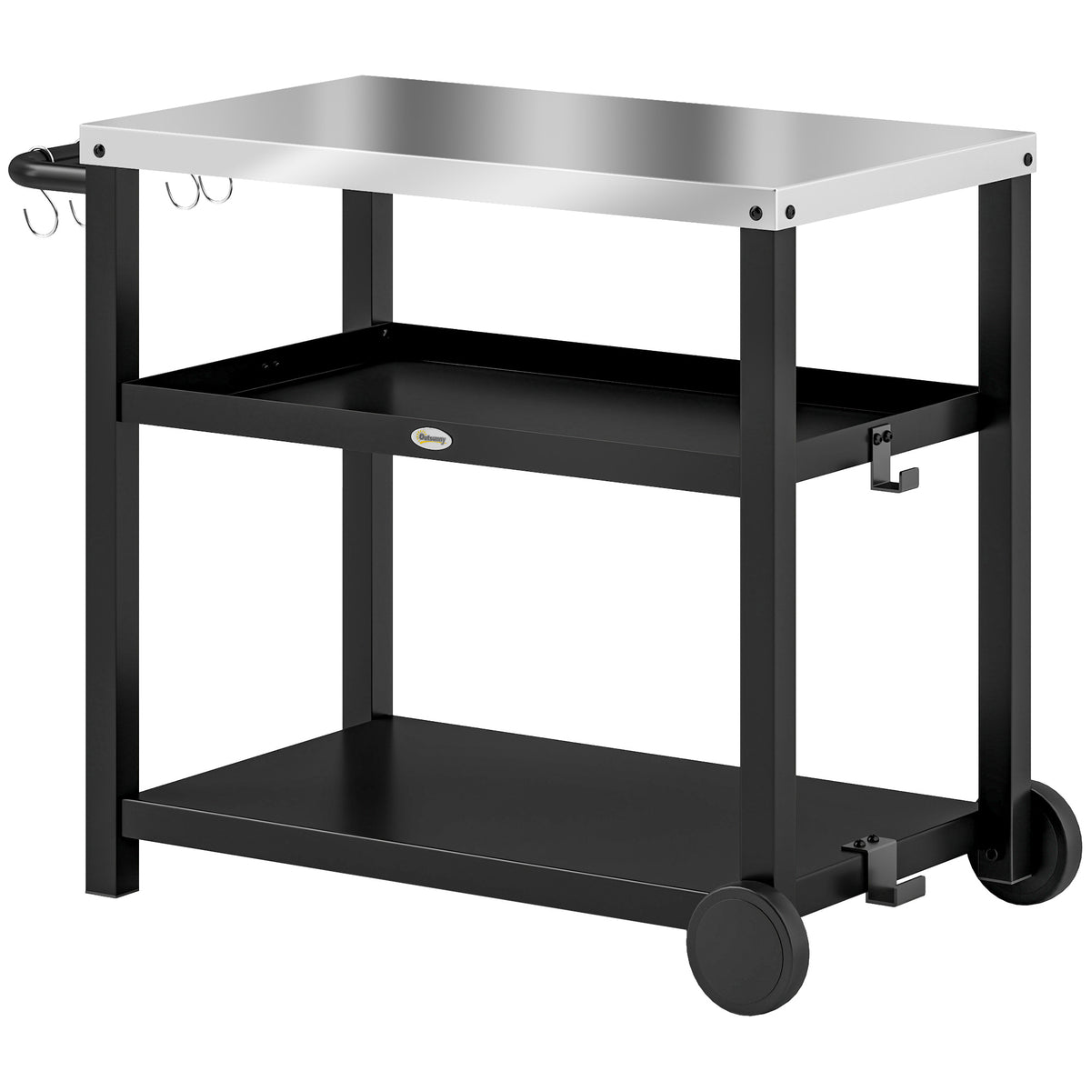 Outsunny charcoal gray grill cart with stainless steel top, two shelves, hooks, handle, and wheels