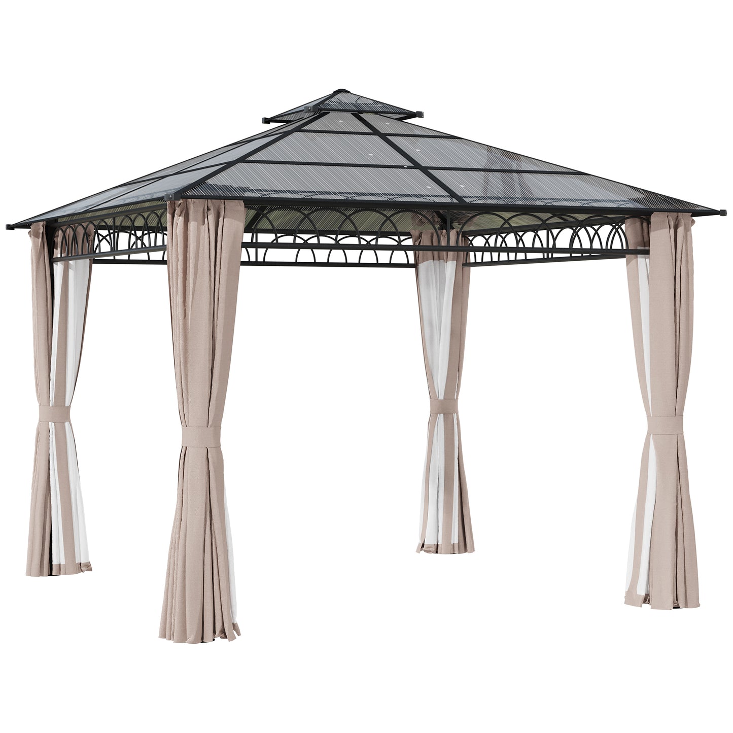 Photo of Outsunny 3 x 3 (m) Outdoor Polycarbonate Gazebo, Double Roof Hard Top Gazebo with Galvanised Steel Frame, Nettings & Curtains for Garden, Lawn, Patio and Deck, Khaki in Khaki colour on a white background