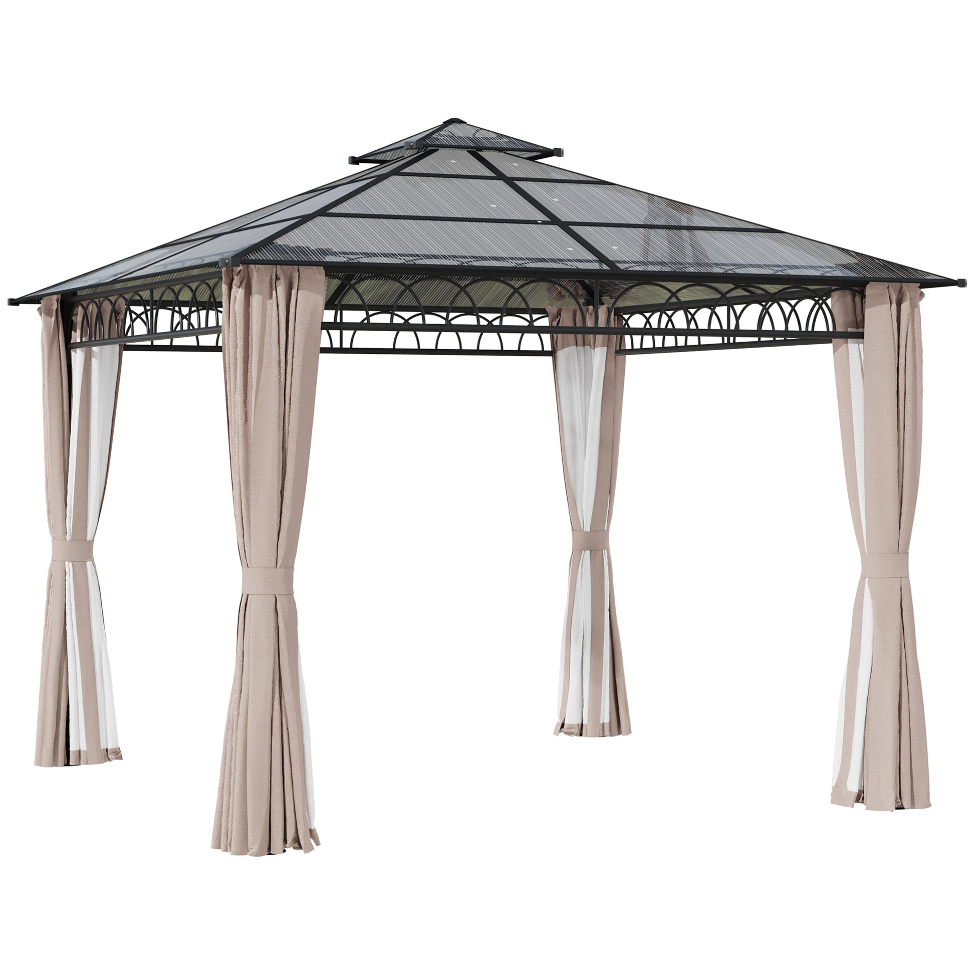Photo of Outsunny 3 x 3 (m) Outdoor Polycarbonate Gazebo, Double Roof Hard Top Gazebo with Galvanised Steel Frame, Nettings & Curtains for Garden, Lawn, Patio and Deck, Khaki in Khaki colour on a white background