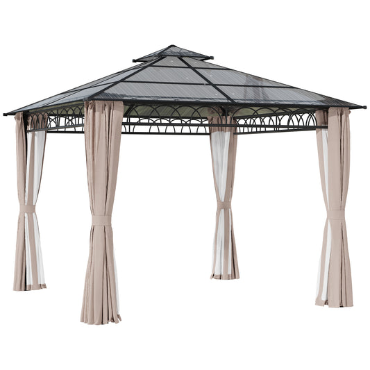 Photo of Outsunny 3 x 3 (m) Outdoor Polycarbonate Gazebo, Double Roof Hard Top Gazebo with Galvanised Steel Frame, Nettings & Curtains for Garden, Lawn, Patio and Deck, Khaki in Khaki colour on a white background