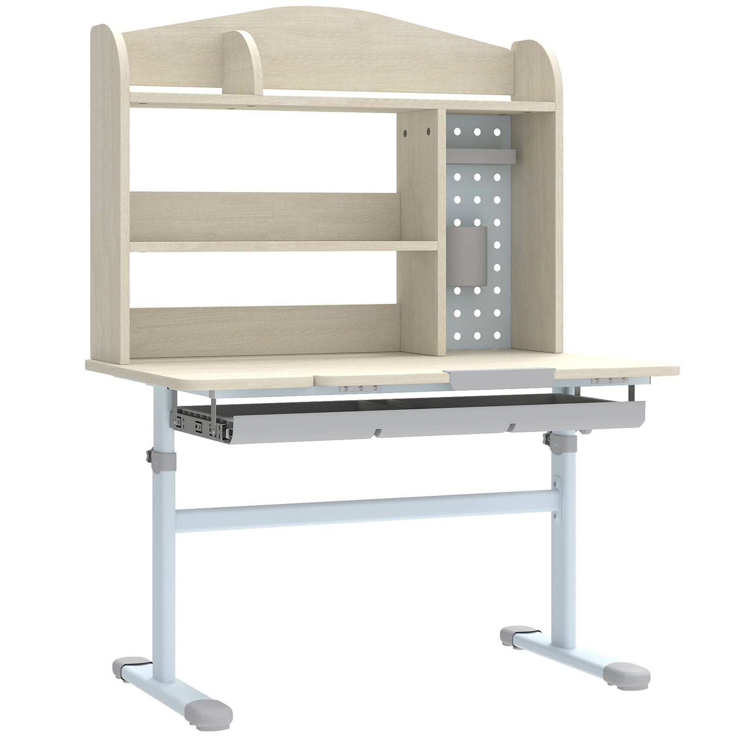Photo of AIYAPLAY Kids Desk Height Adjustable with Tilt-Desktop, Hutch, Drawer, Storage Shelf, Pegboard, for 3-12 Years Old, Natural in Natural colour on a white background
