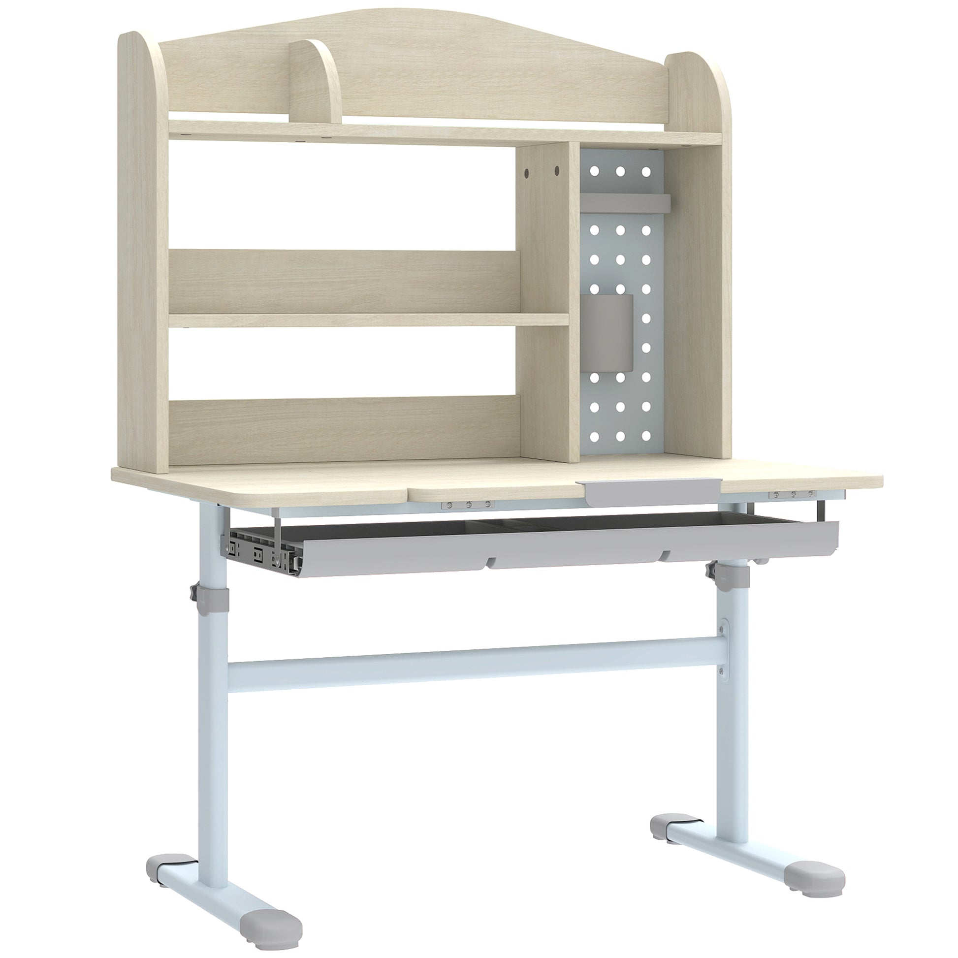 Photo of AIYAPLAY Kids Desk Height Adjustable with Tilt-Desktop, Hutch, Drawer, Storage Shelf, Pegboard, for 3-12 Years Old, Natural in Natural colour on a white background