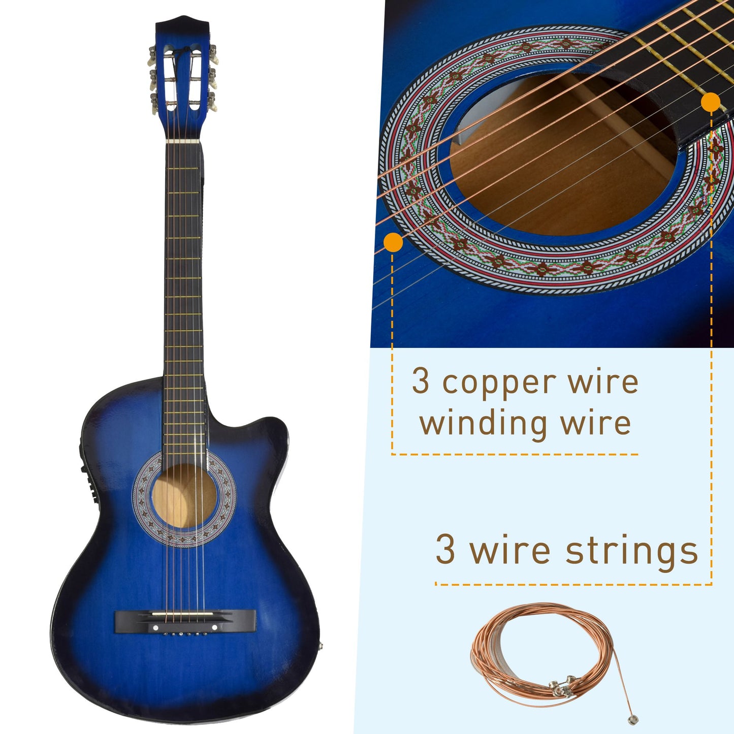 HOMCOM 38 Inch Full Size Acoustic Electric Guitar, Classical Beginner Junior Adult Guitar Gloss Finish with Carrying Case, Strap, Picks, Spare Strings - Blue