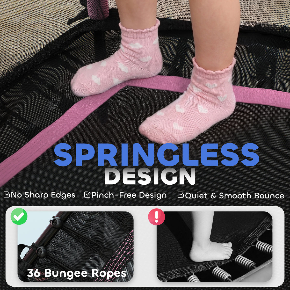 Springless pink kids trampoline with black bounce mat and bungee rope suspension