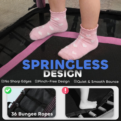 Springless pink kids trampoline with black bounce mat and bungee rope suspension