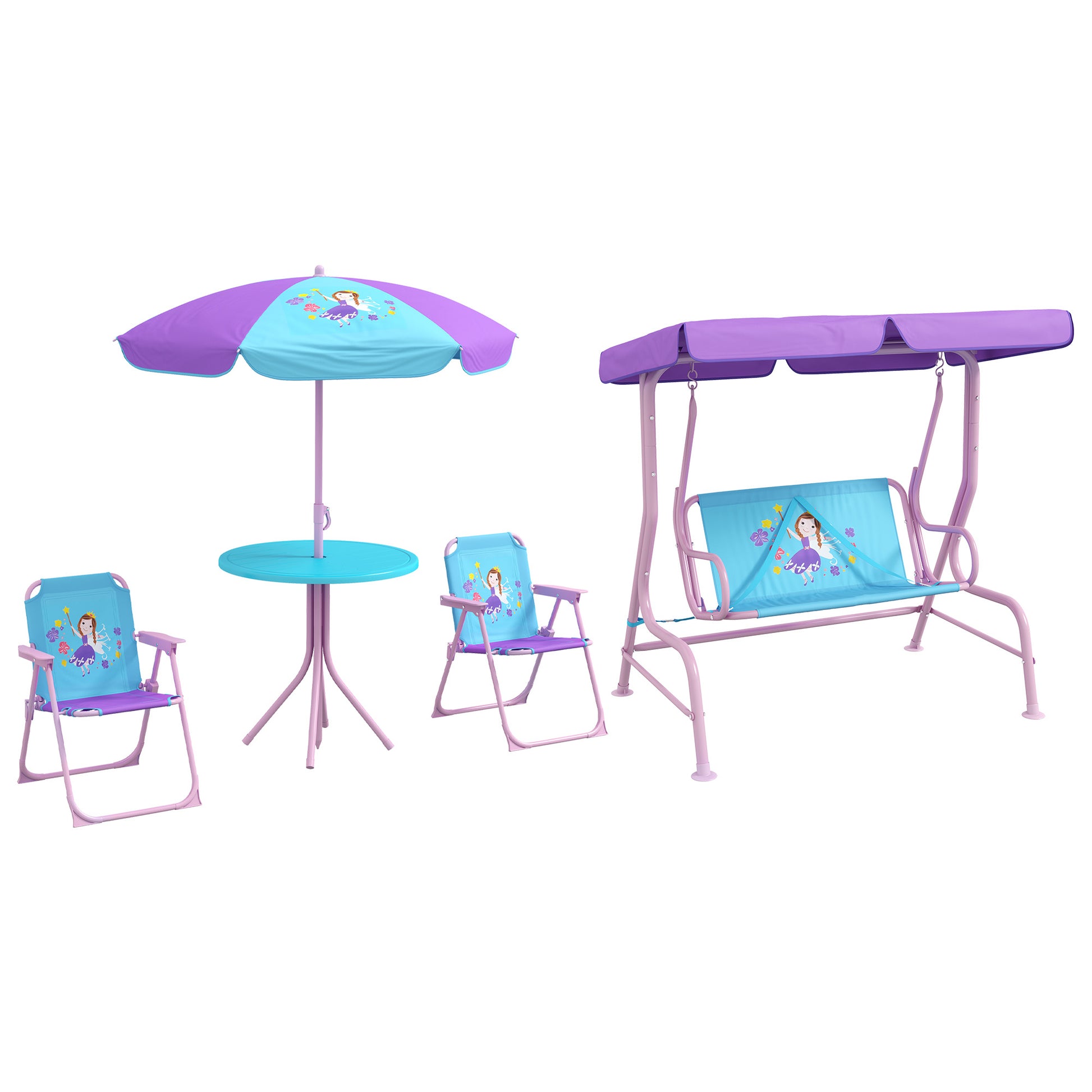 Photo of Outsunny 4PCs Kids Garden Furniture Set w/ 2 Seater Garden Swing Chair with Adjustable Canopy, Childrens Table and Chair Set with Parasol, for Toddler Girls 3-6 Years Old in Old colour on a white background