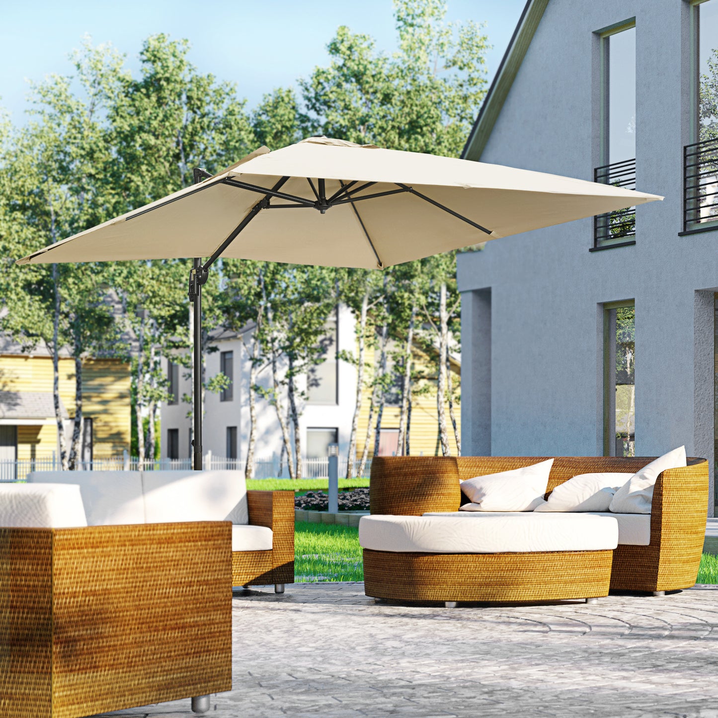 Outsunny 2.7 x 2.7 m Cantilever Parasol, Square Overhanging Umbrella with Cross Base, Crank Handle, Tilt, 360° Rotation and Aluminium Frame, Cream White