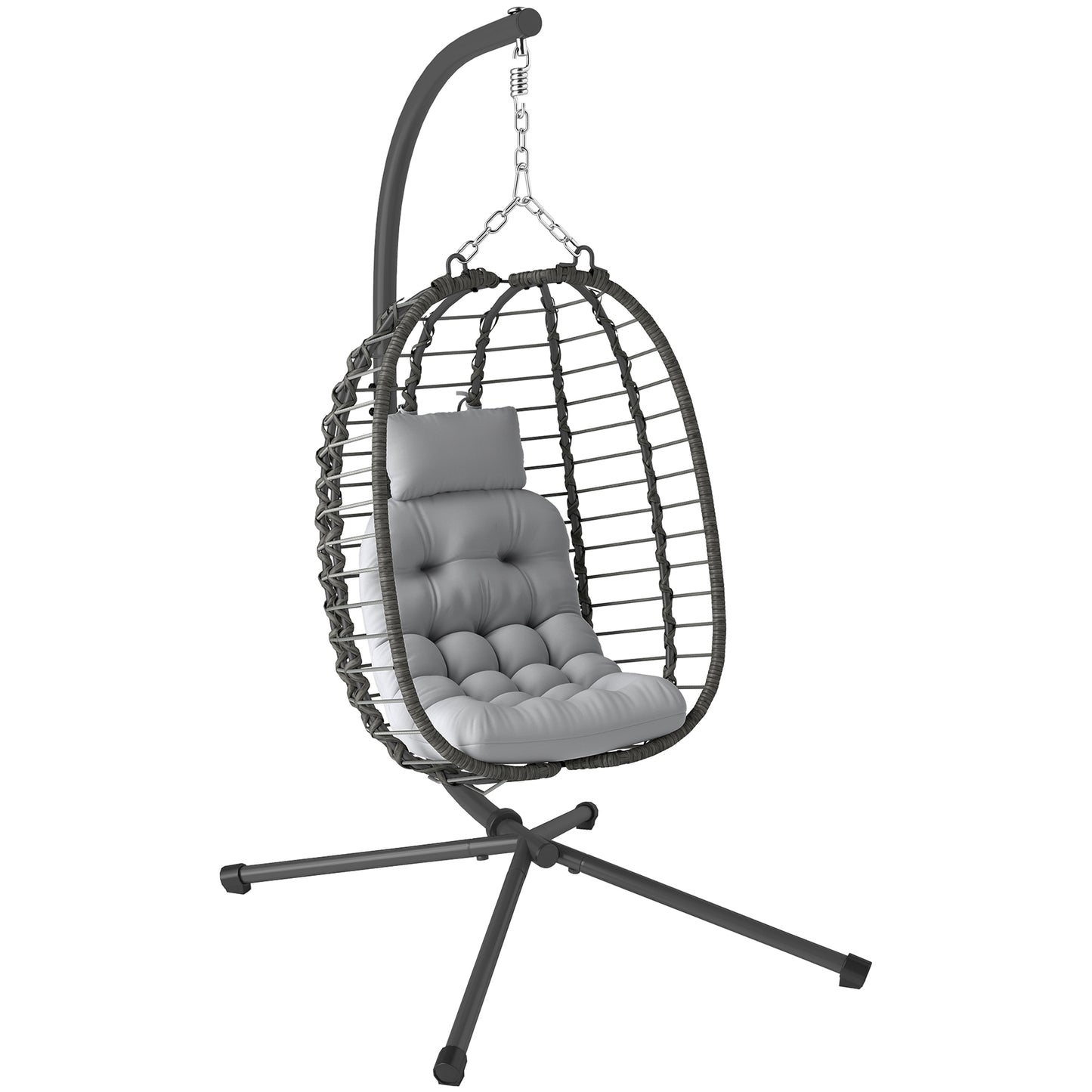 Photo of Outsunny Rattan Hanging Egg Chair, Foldable Wicker Hammock Swing Chair with Cushion, Stand, Adjustable Height, Head Pillow, Steel Frame for Garden Patio Indoor Outdoor, Light Grey in Grey colour on a white background