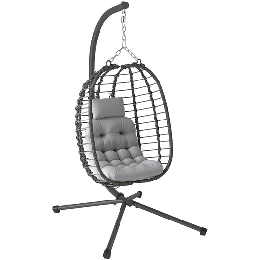 Photo of Outsunny Rattan Hanging Egg Chair, Foldable Wicker Hammock Swing Chair with Cushion, Stand, Adjustable Height, Head Pillow, Steel Frame for Garden Patio Indoor Outdoor, Light Grey in Grey colour on a white background
