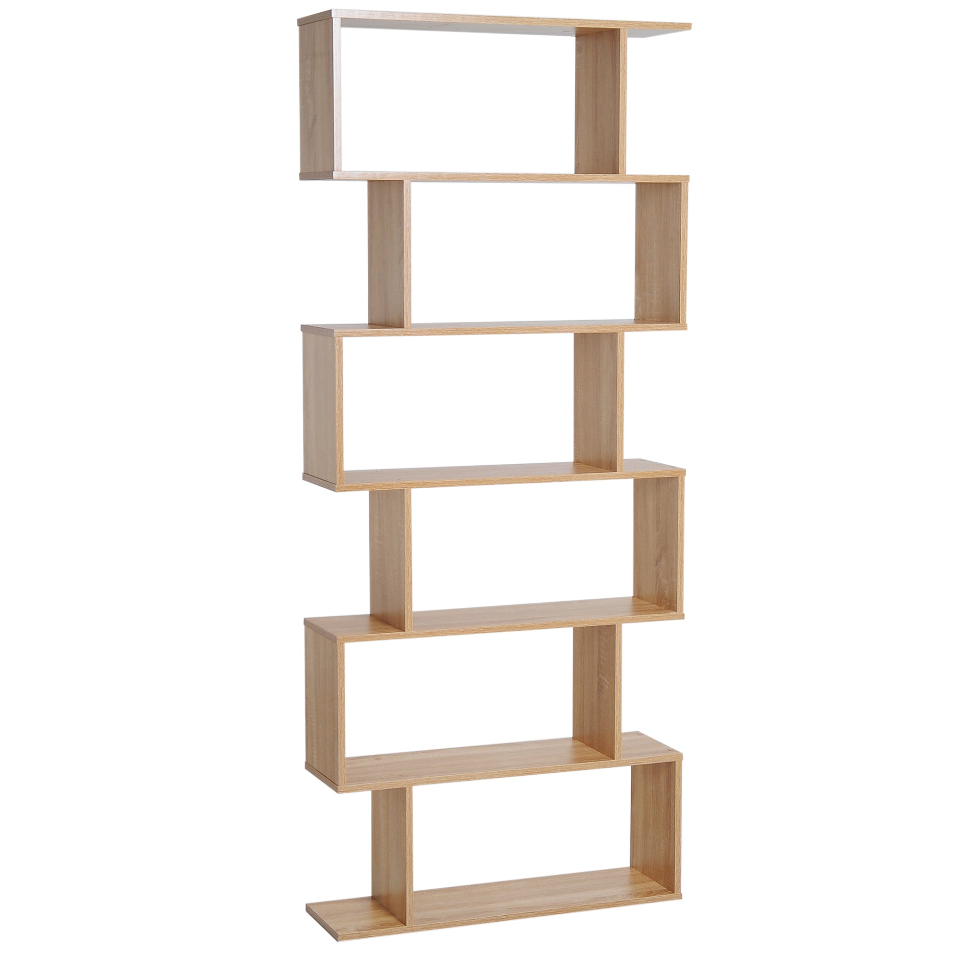 Photo of HOMCOM Bookcase, 6 Tier Shelf S Shaped Bookshelf, Storage Unit, Display Shelf for Living Room, Bedroom, Home Office, Plant, Oak in Oak colour on a white background