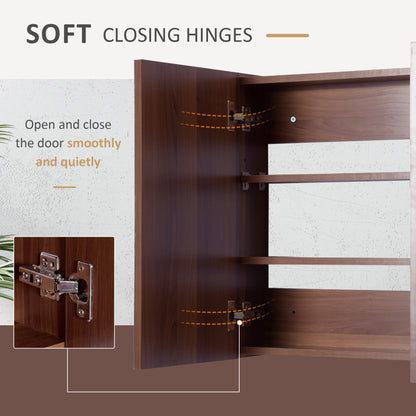 Dark wood cabinet interior with soft-close hinges and two shelves.