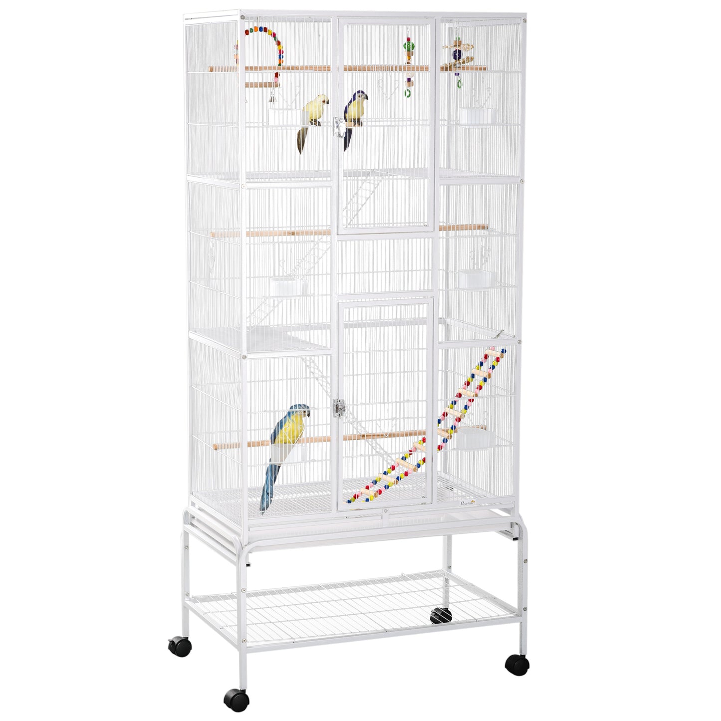 Photo of PawHut Large Bird Cage Budgie Cage 3 Tier Aviary with Stand Wheels, Toys, Ladders, Shelf for Canaries, Finches, Cockatiels, Parakeets - White in White colour on a white background