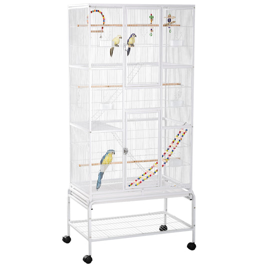Photo of PawHut Large Bird Cage Budgie Cage 3 Tier Aviary with Stand Wheels, Toys, Ladders, Shelf for Canaries, Finches, Cockatiels, Parakeets - White in White colour on a white background