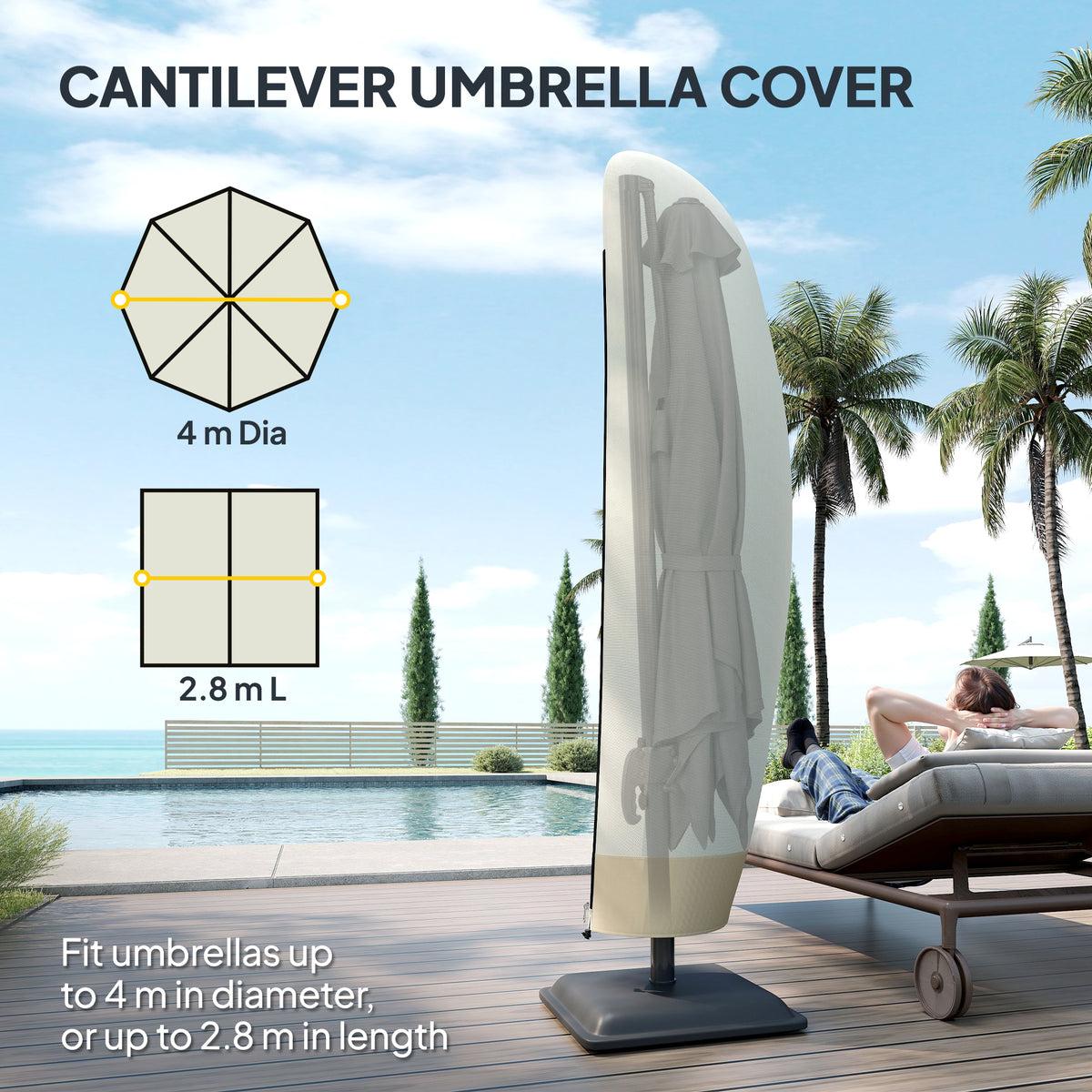 Outsunny Parasol Cover, 300D Oxford Cantilever Umbrella Cover Fit for 2-4m Parasol, Banana Umbrella Protector with Zipper for Outdoor Garden, Patio, White